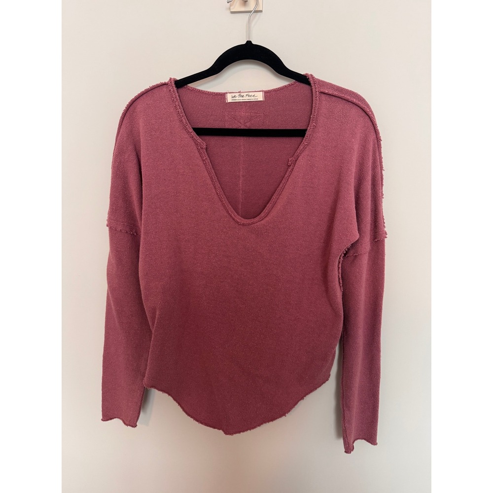 FREE PEOPLE | Come And Get It V-Neck Top Womens M Pink We The Free Raw Edge Tee - Picture 2 of 3